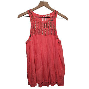 Holister Crochet Lace Babydoll Crinkle Gauze Tank Coral Sequin Festival Boho NWT